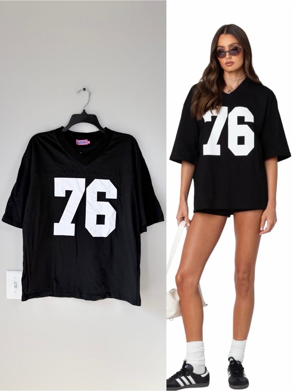 Edikted Black 76 Oversized Jersey Style V-Neck T-Shirt Cotton Streetwear Casual